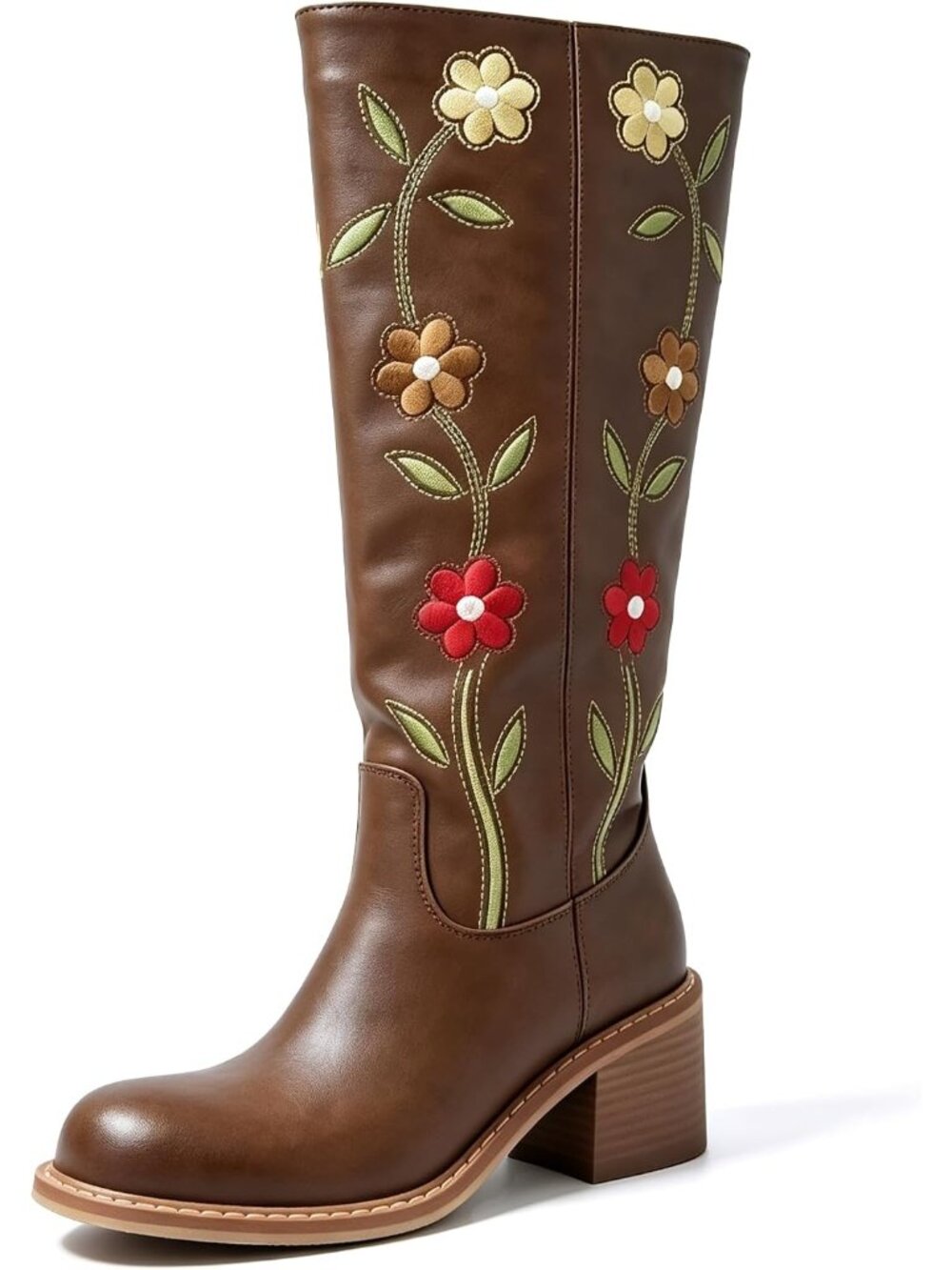 🆕Women's Brown Floral Embroidered Western Cowboy Boots Mid Calf Square Heel